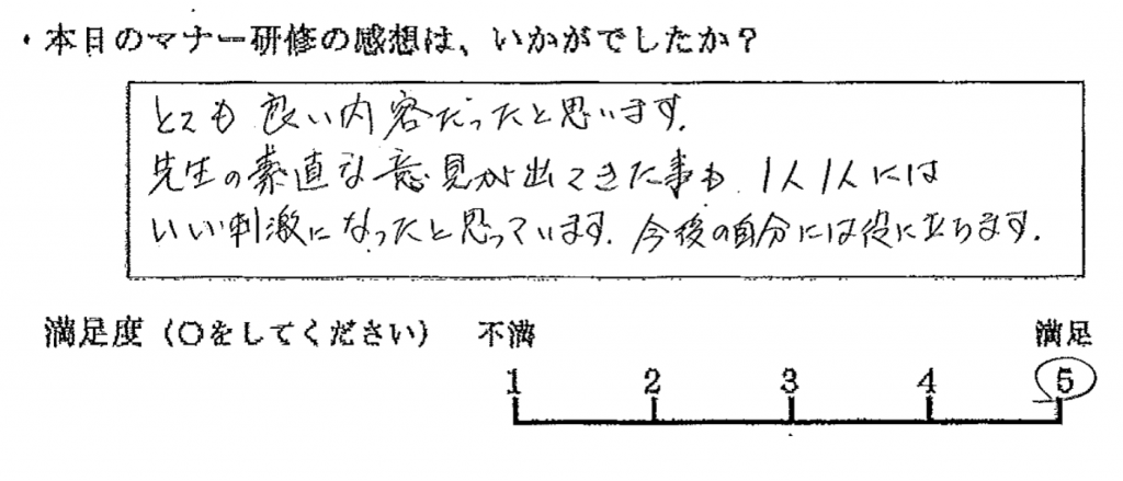 とても良い内容だったと思います。先生の素直な意見が出てきた事も、一人一人にはいい刺激になったと思っています。今後の自分には役に立ちます。